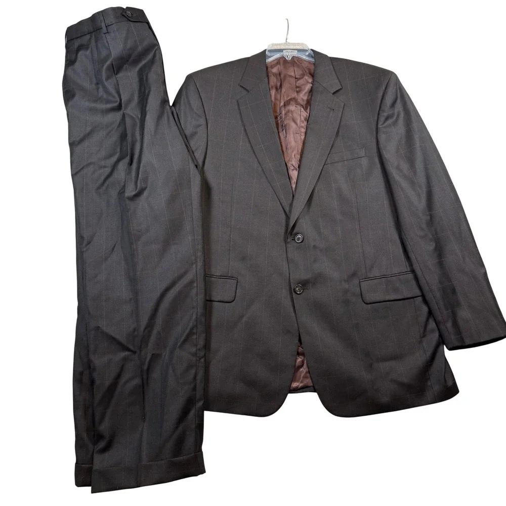 Jos. A. Bank Suit Mens 44LG Dark Brown Windowpane 100% Wool Signature Collection